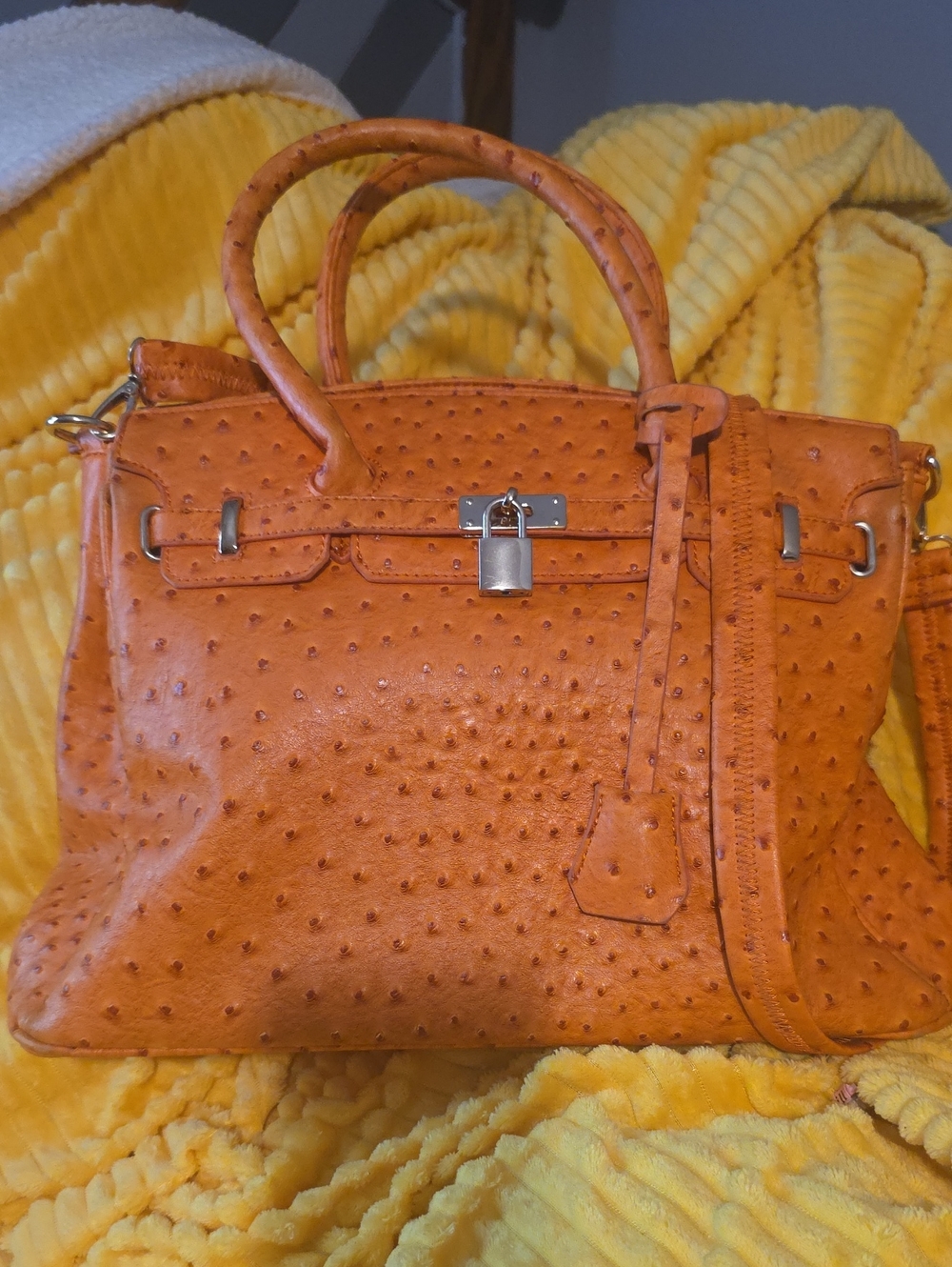 Women’s Orange Ostrich-Style Satchel Bag with Top Handles